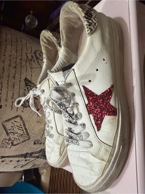 Women’s Golden Goose White Sneakers with Red Glitter Star 39